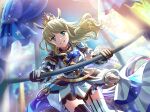  1girl armor armored_dress blonde_hair blurry blurry_background crown curtains evil_grin evil_smile eyebrows_visible_through_hair frills game_cg garter_straps gloves green_eyes grin holding_railing light_rays looking_at_viewer mismatched_gloves mismatched_legwear railing shoujo_kageki_revue_starlight shoujo_kageki_revue_starlight_-re_live- smile solo sparkle star_(symbol) thighhighs yumeoji_shiori 