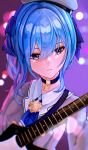  1girl asymmetrical_hair beret blue_choker blue_eyes blue_hair blue_neckwear blue_ribbon blurry bokeh breasts choker closed_mouth collared_shirt commentary depth_of_field expressionless facing_viewer grey_headwear grey_jacket guitar hair_between_eyes hair_ribbon hat highres hololive hoshimachi_suisei instrument jacket medium_hair necktie purple_background puruisu ribbon shirt short_necktie side_ponytail small_breasts solo star_(symbol) star_choker star_in_eye strap symbol_in_eye upper_body virtual_youtuber white_shirt wing_collar 