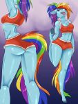 2021 3:4 absurd_res anthro anthrofied blue_body bottomwear bra butt butt_pose clothing equid equine female friendship_is_magic front_view hair hair_over_eye hasbro hi_res hooves horse mammal multicolored_hair multicolored_tail my_little_pony on_one_leg one_eye_obstructed pony pose rainbow_dash_(mlp) rainbow_hair rainbow_tail rear_view shorts solo sports_bra standing stretching tongue tongue_out underwear unfinishedheckery 