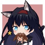  &gt;_&lt; 2girls :3 amiya_(arknights) animal_ear_fluff animal_ears arknights bangs black_gloves black_hair blaze_(arknights) blue_eyes blush border bunny_ears cat_ears cat_tail chibi gloves hairband hand_up holding_another long_hair looking_at_viewer lowres moon_ash multiple_girls nose_blush open_mouth outside_border red_hair sidelocks smile tail upper_body 
