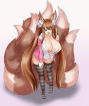  1girl animal_ear_fluff animal_ears areola_slip areolae blush bottomless breasts brown_hair commission curvy fang fox_ears fox_girl fox_shadow_puppet fox_tail full_body green_eyes highres huge_breasts jacket long_hair multiple_tails nav one_eye_closed open_clothes open_jacket open_mouth open_shirt original plushmallow smile solo striped striped_legwear tail thick_thighs thighhighs thighs twintails very_long_hair wide_hips 