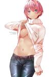  1girl arm_at_side artist_name bangs black_pants blue_eyes blush breasts cleavage closed_mouth clothes_lift denim go-toubun_no_hanayome jeans large_breasts lifted_by_self long_sleeves looking_at_viewer nakano_ichika navel no_bra pants pink_hair short_hair simple_background smile solo stomach sweater sweater_lift sydus turtleneck turtleneck_sweater white_background 