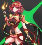  1girl absurdres aegis_sword_(xenoblade) bangs black_gloves breasts chest_jewel earrings fingerless_gloves gloves highres jewelry large_breasts light pyra_(xenoblade) red_eyes red_hair red_legwear red_shorts short_hair short_shorts shorts swept_bangs sword thighhighs tiara user_trtx7783 weapon xenoblade_chronicles_(series) xenoblade_chronicles_2 