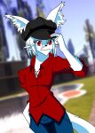  anthro black_clothing blue_clothing bottomwear canid canine canis claws clothed clothing denim denim_clothing fox fur hair hat headgear headwear hi_res inner_ear_fluff jeans jewelry looking_at_viewer male mammal necklace nikku_lunatique nikku_lunatique_(character) pants red_claws red_clothing red_eyes short_hair smile solo tuft white_body white_fur white_hair 