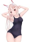  1girl alternate_costume alternate_hairstyle arm_behind_head arms_up ayanami_(azur_lane) azur_lane bangs black_swimsuit breasts collarbone commentary_request covered_navel eyebrows_visible_through_hair hair_down hair_ornament hairclip head_tilt headgear highres koko_sokodoko long_hair looking_at_viewer medium_breasts orange_eyes parted_lips ponytail retrofit_(azur_lane) school_swimsuit sidelocks silver_hair simple_background solo swimsuit white_background 