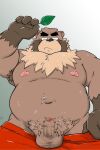  2021 2:3 anthro armpit_hair balls belly body_hair brown_body brown_fur canid canine censored clothing erection fur genitals kemono leaf male mammal moobs navel nipples overweight overweight_anthro overweight_male penis raccoon_dog shibatanukiti solo tanuki underwear 