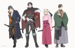  1girl 3boys black_hair blonde_hair boots brown_hair cape fate/grand_order fate_(series) fingerless_gloves formal glasses gloves grey_hair gun hakama haori hijikata_toshizou_(fate) japanese_clothes long_coat lunapont multiple_boys okita_souji_(fate) okita_souji_(fate)_(all) rifle saitou_hajime_(fate) scarf shinsengumi smile suit weapon wide_sleeves yamanami_keisuke_(fate) 