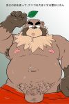  2021 2:3 anthro armpit_hair balls belly black_nose body_hair brown_body brown_fur canid canine fur genitals japanese_text kemono leaf male mammal micropenis moobs navel nipples overweight overweight_anthro overweight_male penis raccoon_dog shibatanukiti small_penis solo tanuki text 