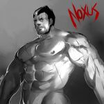  1boy abs bara black_hair completely_nude darius_(league_of_legends) facial_hair frown groin large_pectorals league_of_legends looking_at_viewer male_focus mature_male multicolored_hair muscular muscular_male navel nipples nude pectorals rybiokaoru scar scar_across_eye short_hair sideburns solo spot_color stomach streaked_hair stubble veins white_hair 