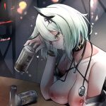  1girl absurdres arknights bare_shoulders beer_can blush breasts breasts_outside can choker collarbone crying crying_with_eyes_open drunk green_eyes green_hair highres kal&#039;tsit_(arknights) kouki_hanada large_breasts short_hair solo sweat tears 
