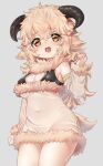  1girl :d animal_ear_fluff animal_ears bangs bare_shoulders blonde_hair breasts brown_eyes cleavage cleavage_cutout clothing_cutout covered_navel cowboy_shot detached_sleeves eyebrows_visible_through_hair fur-trimmed_sleeves fur_collar fur_trim grey_background hair_between_eyes horizontal_pupils horns long_hair looking_at_viewer medium_breasts nyifu open_mouth original sheep_ears sheep_girl simple_background smile solo twitter_username 