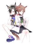  2girls :d air_shakur_(umamusume) animal_ears bags_under_eyes black_neckwear blue_neckwear blush clover_hair_ornament commentary_request eyebrow_piercing fine_motion_(umamusume) green_nails hair_ornament hand_on_own_cheek hand_on_own_face horse_ears multiple_girls nail_polish open_mouth painting_nails piercing romi_(346_ura) shoes sitting smile sneakers studded_bracelet umamusume v-shaped_eyebrows wavy_mouth 