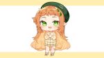  1girl :d beret blush brown_background brown_footwear brown_hair brown_legwear brown_shirt brown_skirt cheli_(kso1564) chibi copyright_request forehead full_body green_eyes green_headwear hair_ornament hands_clasped hat highres leaf_hair_ornament long_hair long_sleeves looking_at_viewer official_art open_mouth own_hands_together pointy_ears puffy_long_sleeves puffy_sleeves shirt shoes skirt smile socks solo standing two-tone_background very_long_hair white_background 