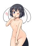  1girl ;q absurdres antennae black_hair blue_eyes blush breasts collarbone commentary completely_nude cowboy_shot eyebrows_visible_through_hair finger_to_mouth hand_on_own_thigh head_wings heart highres kemono_friends looking_at_viewer medium_breasts navel nipples nude one_eye_closed shiraha_maru short_hair simple_background solo tail tongue tongue_out western_parotia_(kemono_friends) white_background 
