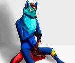  &lt;3 animal_genitalia anthro blade blood blue_body blue_fur bodily_fluids canid canine canis cock_and_ball_torture cute_fangs fur genital_torture genitals gore hair knot makaronnie male mammal masochism red_hair scissors solo wolf wounded 