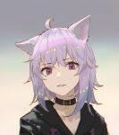  1girl ahoge animal_collar animal_ears bangs cat_ears cat_girl cauchyconjugacy collar drawstring eyebrows_visible_through_hair hair_between_eyes hololive hololive_gamers hood hoodie looking_at_viewer nekomata_okayu purple_eyes purple_hair short_hair solo virtual_youtuber 