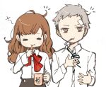  1boy 1girl :t bangs black_neckwear black_skirt brushing_teeth closed_eyes cup gekkoukan_high_school_uniform grey_hair hair_down holding holding_cup long_hair long_sleeves mouth_hold mug neck_ribbon persona persona_3 persona_3_portable red_neckwear ribbon sanada_akihiko school_uniform shiomi_kotone shirt simple_background skirt toothbrush tyo197snh white_background white_shirt 