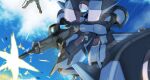  aries_(mobile_suit) cloud firing flying fujikusa gun gundam gundam_wing highres holding holding_gun holding_weapon leo_(mobile_suit) looking_down mecha mobile_suit no_humans open_hand science_fiction sky solo_focus visor weapon 