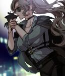  1girl biting black_gloves black_nails breasts brown_hair choker collared_shirt glove_biting gloves hololive hololive_english j-chad large_breasts long_hair mamaloni nail_polish ponytail shirt sketch sleeves_pushed_up solo spiked_knuckles sunglasses 