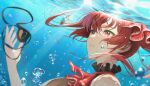 1girl absurdres bangs black_eyepatch blush breasts hair_ribbon hat heterochromia highres hololive houshou_marine large_breasts long_hair looking_at_viewer moon_(yfsp7823) open_mouth pirate red_eyes red_hair ribbon solo twintails underwater virtual_youtuber yellow_eyes 