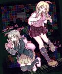  2girls :d ahoge akamatsu_kaede animal_bag backpack bag bangs black_legwear black_shirt blonde_hair breasts brown_background brown_footwear brown_hair brown_skirt cat_bag character_name collared_shirt commentary_request danganronpa_(series) danganronpa_2:_goodbye_despair danganronpa_v3:_killing_harmony dated dress_shirt eighth_note eyebrows_visible_through_hair green_jacket hair_ornament hairclip highres holding_strap hood hooded_jacket instrument jacket keyboard_(instrument) kneehighs large_breasts legs_up long_hair long_sleeves looking_at_viewer medium_hair multiple_girls musical_note musical_note_hair_ornament nanami_chiaki neck_ribbon necktie open_clothes open_jacket open_mouth orange_neckwear piano pink_bag pink_eyes pink_footwear pink_vest pleated_skirt print_skirt purple_eyes ribbon ruu_nagase school_uniform shirt shoes skirt smile tetris thighhighs vest white_shirt zettai_ryouiki 