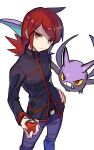  ahoge belt_buckle buckle closed_mouth crobat frown gen_2_pokemon hand_on_hip holding holding_poke_ball jacket looking_at_viewer poke_ball pokemon pokemon_(game) pokemon_hgss purple_eyes red_eyes red_hair short_hair silver_(pokemon) tpi_ri white_background 