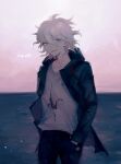  1boy bangs black_pants collarbone commentary_request cowboy_shot danganronpa_(series) danganronpa_2:_goodbye_despair dated green_eyes green_jacket grey_hair hair_between_eyes hands_in_pockets highres jacket komaeda_nagito long_sleeves looking_at_viewer male_focus messy_hair nakiyande open_clothes open_jacket open_mouth pants print_shirt shiny shiny_hair shirt short_hair smile solo squinting standing white_hair white_shirt 