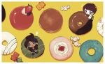  ! 2girls :d asahina_aoi bangs blue_eyes border brown_hair candy chibi danganronpa:_trigger_happy_havoc danganronpa_(series) danganronpa_2:_goodbye_despair food freckles fruit gummy_bear hair_ornament hairclip highres holding jacket kara_aren koizumi_mahiru long_sleeves male_focus multiple_girls notice_lines open_clothes open_jacket open_mouth red_jacket short_hair simple_background smile strawberry white_border yellow_background 