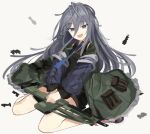  1girl braid camouflage camouflage_jacket eyebrows_visible_through_hair girls_frontline grey_eyes grey_hair highres holding holding_weapon jacket long_hair looking_at_viewer open_mouth ra_9rara sitting_on_floor solo spread_legs weapon white_background xm8_(girls_frontline) 