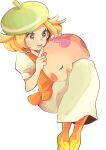  1girl :d beret bianca_(pokemon) blonde_hair commentary_request dress eyelashes flats green_eyes green_headwear hands_up hat highres holding holding_pokemon misha_(ohds101) munna open_mouth orange_legwear orange_vest pantyhose pokemon pokemon_(creature) pokemon_(game) pokemon_bw short_hair short_sleeves smile teeth tongue upper_teeth vest white_dress yellow_footwear 