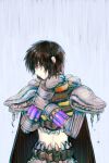  1boy armor bangs black_cape black_hair cape closed_mouth commentary_request genetic_(ragnarok_online) hair_between_eyes living_clothes looking_to_the_side male_focus midriff misuguu purple_eyes ragnarok_online rain shiny shiny_hair short_hair solo teeth upper_body wet 