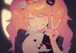  1girl bangs bear_hair_ornament black_choker black_shirt blonde_hair blurry blush choker closed_eyes commentary_request crown danganronpa:_trigger_happy_havoc danganronpa_(series) enoshima_junko eyebrows_visible_through_hair grin hair_ornament holding komaeda_nagito long_hair monokuma nail_polish nakiyande red_nails shiny shiny_hair shirt smile solo twintails upper_body v 