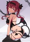  1girl absurdres bangs bat_wings blush breasts chain hair_ribbon heterochromia highres hololive houshou_marine kaname_(melaninusa09) large_breasts lingerie long_hair looking_at_viewer open_mouth red_eyes red_hair ribbon smile solo twintails underwear virtual_youtuber wings yellow_eyes 
