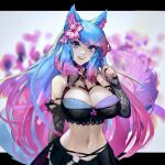  1girl animal_ears arm_behind_back bangs bare_shoulders black_gloves blue_eyes blue_hair blue_nails breasts cat_ears choker cleavage elbow_gloves fangs flower gloves gradient_hair grin hair_flower hair_ornament hand_up highres indie_virtual_youtuber large_breasts long_hair looking_at_viewer multicolored_hair navel open_mouth pink_choker pink_flower pink_hair shiny shiny_hair silvervale smile solo stomach two-tone_hair unsomnus very_long_hair virtual_youtuber 