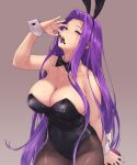  2girls animal_ears boots breasts brown_hair brown_legwear bunny_ears bunny_girl fake_animal_ears fate/grand_order fate/stay_night fate_(series) highres large_breasts long_hair medusa_(rider)_(fate) multiple_girls open_mouth playboy_bunny purple_eyes simple_background teston thighhighs very_long_hair vore wrist_cuffs 