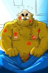  2021 2:3 ? anthro balls bedding belly blanket bodily_fluids brown_body brown_fur fur genitals humanoid_hands kemono male mammal moobs nipples overweight overweight_anthro overweight_male penis shibatanukiti sitting small_penis solo sweat ursid 