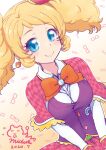  1girl aikatsu! aikatsu!_(series) black_vest blonde_hair blue_eyes bow bowtie breast_squeeze breasts capelet checkered checkered_capelet checkered_skirt clock close-up closed_mouth collared_shirt dated dutch_angle earrings eyebrows_visible_through_hair eyewear_background frilled_capelet frills glasses gradient gradient_background hat jewelry large_breasts long_sleeves looking_at_viewer mini_hat mizuki_maya pleated_skirt red_capelet red_headwear red_skirt saegusa_kii shirt signature skirt smile solo twintails upper_body vest wavy_hair white_shirt wing_collar yellow_background 