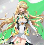  absurdres aegis_sword_(xenoblade) bangs bare_legs bare_shoulders blonde_hair breasts chest_jewel cleavage cleavage_cutout clothing_cutout dress earrings elbow_gloves gloves highres jewelry large_breasts long_hair mythra_(xenoblade) short_dress swept_bangs sword thigh_strap tiara user_trtx7783 very_long_hair weapon white_dress white_gloves xenoblade_chronicles_(series) xenoblade_chronicles_2 yellow_eyes 