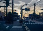  arrow_(symbol) building cloud crosswalk ground_vehicle house lamppost motor_vehicle nagishiro_mito no_humans original outdoors power_lines road road_sign scenery sign sky street sunset traffic_light tree utility_pole van 