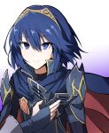  1girl armor bangs blue_eyes blue_hair cape closed_mouth eyebrows_visible_through_hair fingerless_gloves fire_emblem fire_emblem_awakening gloves hair_between_eyes highres holding holding_mask looking_at_viewer lucina_(fire_emblem) mask mask_removed short_hair shoulder_armor smile solo synchroman tiara upper_body white_background wrist_cuffs 