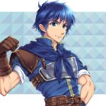  1boy ahoge arm_up armor awayuki_ramika belt blue_background blue_eyes blue_hair clenched_hand closed_mouth fire_emblem fire_emblem:_new_mystery_of_the_emblem hand_on_hip kris_(fire_emblem) looking_at_viewer male_focus muscular shoulder_armor simple_background upper_body 
