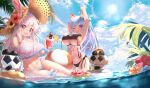  2girls absurdres alwaysissac bikini blue_bikini blue_hair blue_sky breasts changchun_(warship_girls_r) day hat highres innertube large_breasts long_hair multiple_girls navel one_eye_closed outdoors purple_eyes red_eyes remodel_(warship_girls_r) silver_hair sky straw_hat sun_hat swimsuit warship_girls_r water 