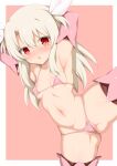  1girl armpits arms_behind_head bare_shoulders bikini blush boots breasts covered_nipples elbow_gloves fate/grand_order fate/kaleid_liner_prisma_illya fate_(series) feathers gloves hair_between_eyes hair_feathers illyasviel_von_einzbern long_hair looking_at_viewer micro_bikini navel pink_bikini pink_footwear pink_gloves prisma_illya red_eyes sidelocks small_breasts standing standing_on_one_leg swimsuit thigh_boots thighhighs toshishikisai two_side_up white_hair 
