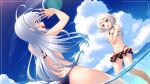  2girls ball bikini clouds elaina_(majo_no_tabitabi) eliot_c_f gray_hair green_eyes long_hair majo_no_tabitabi navel purple_eyes sky swimsuit tagme_(character) water 