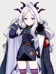  1girl absurdres armband belt blue_archive bored commentary_request grey_background hair_ornament highres hina_(blue_archive) horns long_hair looking_at_viewer military military_jacket military_uniform purple_eyes renshuchou silver_hair simple_background solo thighhighs uniform 