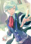  1boy belt collared_shirt commentary_request gen_3_pokemon grey_eyes grey_hair highres holding holding_poke_ball jacket jewelry looking_at_viewer male_focus metagross pants parted_lips peco-midori poke_ball poke_ball_(basic) pokemon pokemon_(creature) pokemon_(game) pokemon_oras red_neckwear ring shirt short_hair smile spread_fingers steven_stone vest white_background white_shirt 