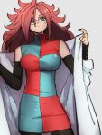  1girl android_21 blue_eyes breasts checkered checkered_dress closed_mouth dragon_ball dragon_ball_fighterz dress grey_background hair_between_eyes kemachiku labcoat long_hair looking_at_viewer medium_breasts red_hair simple_background solo 