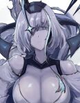  1girl :&lt; abyssal_ship air_defense_cruiser_princess blue_eyes breasts cleavage colored_skin hair_over_one_eye highres kantai_collection large_breasts mizuchi_(mizuchi7118) shiny shiny_skin solo upper_body white_hair white_skin 