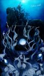  1girl abyssal_jellyfish_princess abyssal_ship blue_eyes breasts cleavage colored_skin crossover dress godzilla godzilla_(series) highres kaijuu kantai_collection large_breasts long_hair mizuchi_(mizuchi7118) solo strapless strapless_dress underwater very_long_hair white_dress white_hair white_skin 