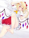  1girl arms_up ascot bangs barefoot blonde_hair blush bow breasts closed_mouth commentary_request crystal dutch_angle eyebrows_visible_through_hair flandre_scarlet foot_out_of_frame furrowed_eyebrows hair_bow knee_up looking_at_viewer lying medium_breasts medium_hair no_hat no_headwear on_back on_bed one_side_up petticoat pillow pointy_ears red_bow red_skirt shirt skirt solo toes tosakaoil touhou white_shirt wings yellow_neckwear 